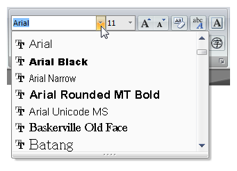 screen shot of drop-down list of fonts previewed