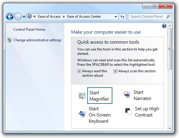 screen shot of 'ease of access center' dialog box