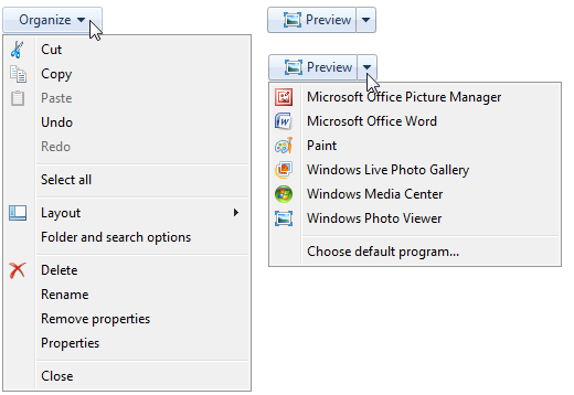 screen shot of split buttons with down triangles
