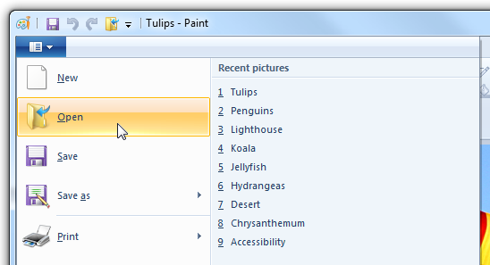 screen shot of open menu with recently used files