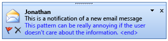 Screen shot of notification of new e-mail message