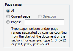screen shot of page range dialog box with text box