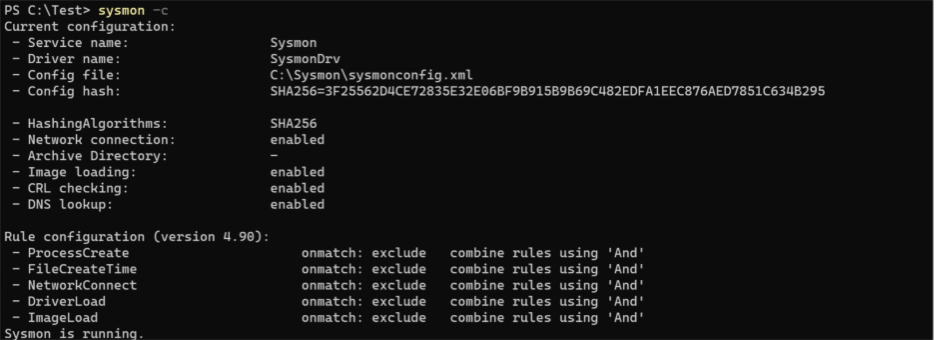 Illustrates an output in powershell showing the Sysmon configuration.