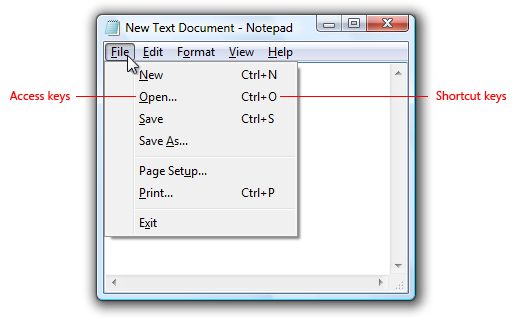 screen shot of access keys and shortcut keys