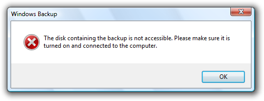 screen shot of backup disk not accessible message
