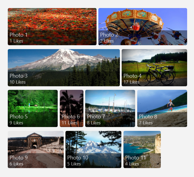 A screenshot of an image gallery. Items in the first two rows are stretched horizontally to take up all available space.