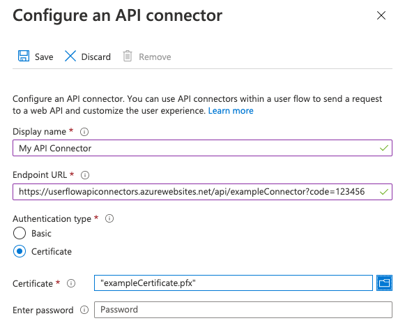 Screenshot of certificate authentication configuration for an API connector.