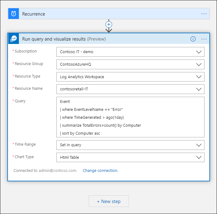 名为“运行查询并将结果可视化”的新 Azure Monitor 日志操作的设置的屏幕截图。