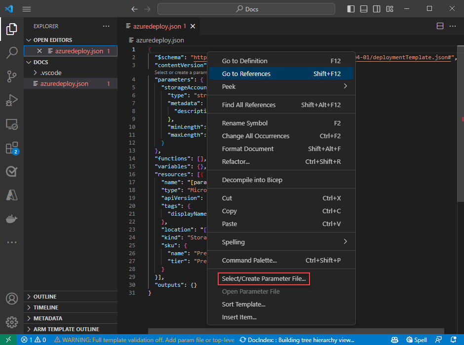 Screenshot showing the right-click process for creating a parameter file from an ARM template.