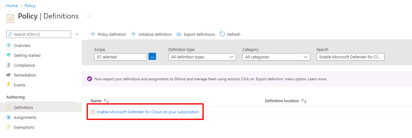 Screenshot showing the Azure Policy definition Enable Defender for Cloud on your subscription.