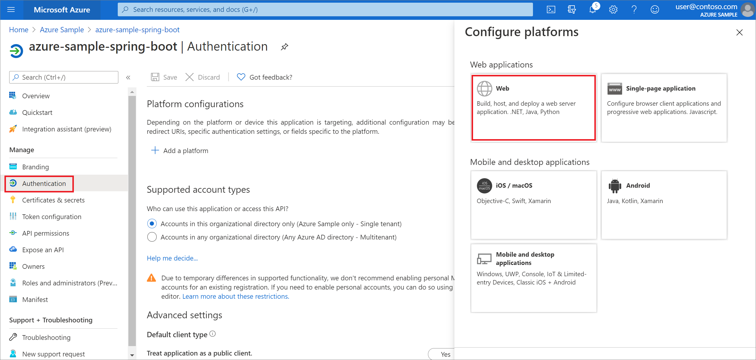 Screenshot of application Authentication screen with 'Configure platforms' section showing and Web platform highlighted.