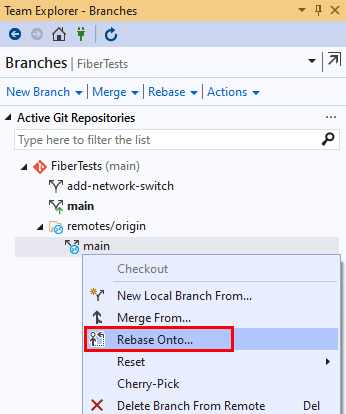 Visual Studio 2019 中团队资源管理器的“分支”视图中的“变基到”选项的屏幕截图。