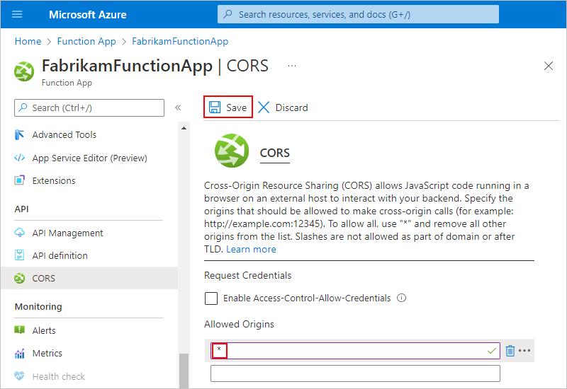 显示 Azure 门户、“CORS”窗格和在“允许来源”下输入的通配符“*”的屏幕截图。