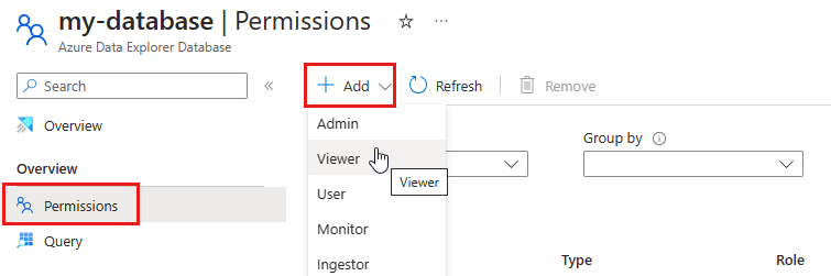 Screenshot of the Azure platform showing a user adding a viewer permission in an Azure Data Explorer database.