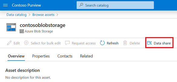 Microsoft Purview 治理门户中数据资产的屏幕截图,其中突出显示了“Data Share”按钮。