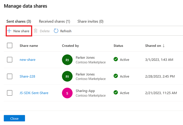 “Data Share管理”窗口的屏幕截图,其中突出显示了“新建共享”按钮。