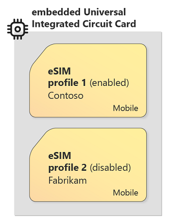 eUICC 和 eSIM 技术图像，其中显示了具有多个 eSIM 配置文件的示例线路卡