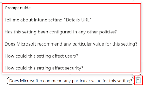 显示 Copilot 设置提示指南的屏幕截图，以及 Intune 和 Intune 管理中心Microsoft设置目录中的可用提示列表。