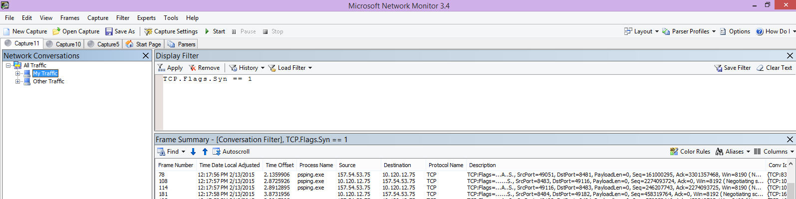 来自客户端的 Netmon 跟踪通过筛选 TCP 显示相同的 PSPing 命令。Flags.Syn == 1。