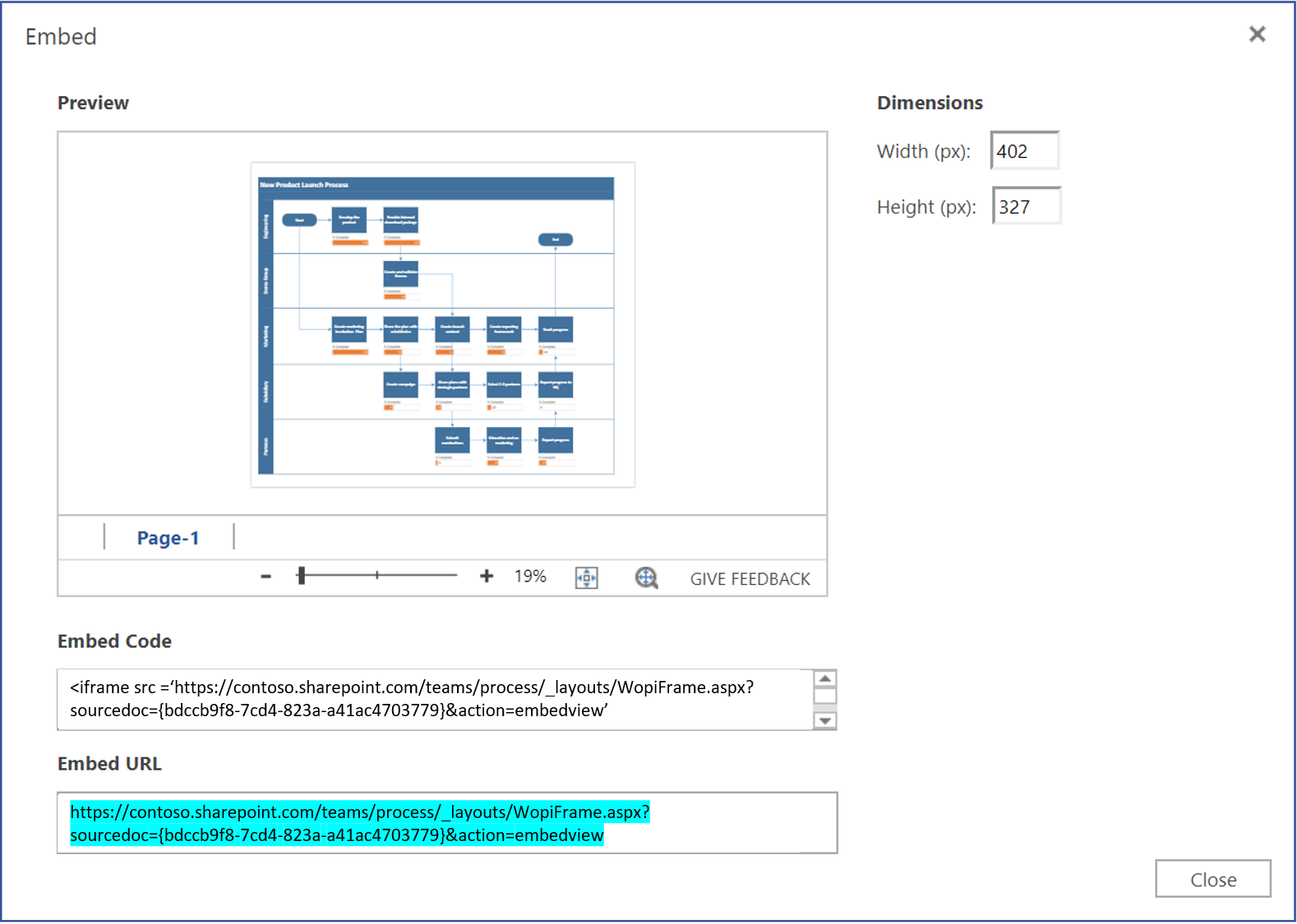 复制嵌入对话框中的 Visio 文件 URL。