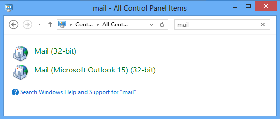 在控制面板中搜索邮件项后，结果的屏幕截图。