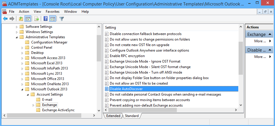 禁用 Outlook 2013 的自动发现组策略设置。