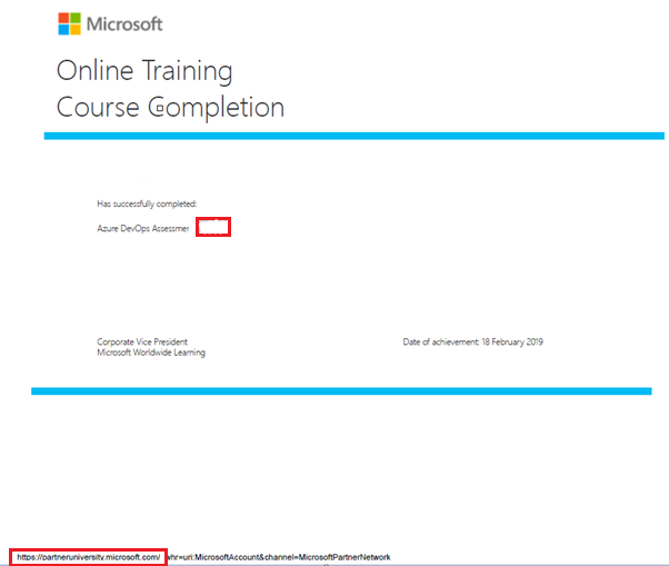 示例证书，标题为 Microsoft Online Training Course Completion。