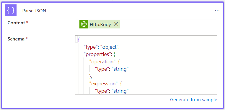 工作流分析 JSON 操作的屏幕截图，其中显示了用示例数据填充的参数。