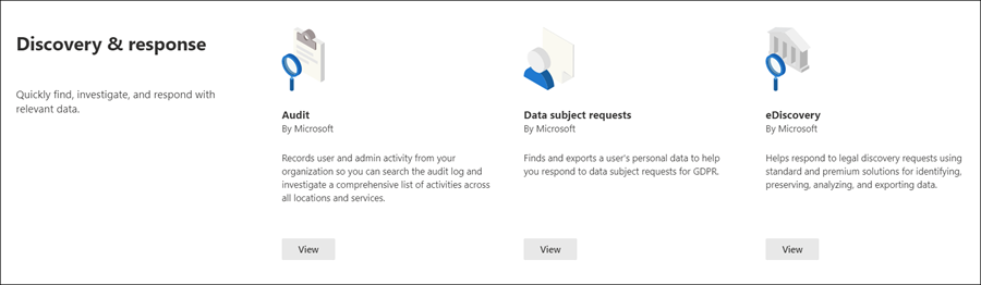 Microsoft Purview 解决方案目录发现和响应部分。