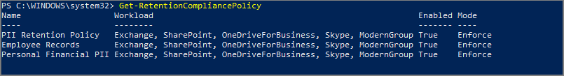 PowerShell 中的保留策略列表。