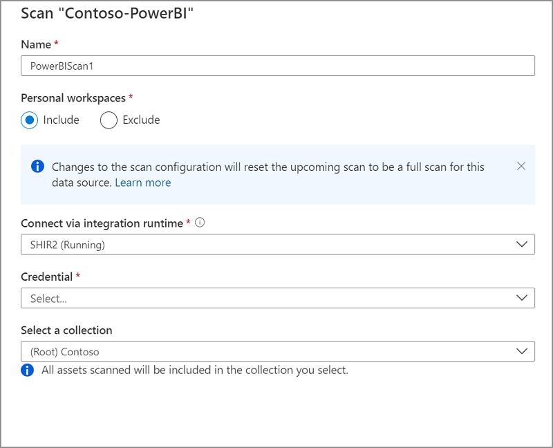 显示针对同一租户使用 SHIR 的 Power BI 扫描设置的图像。