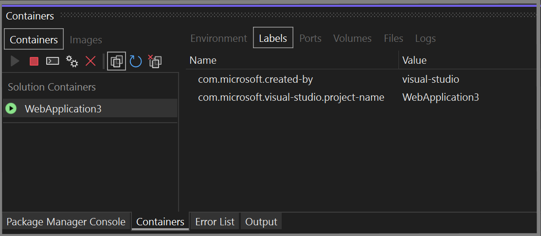 Visual Studio 中“容器”窗口的屏幕截图，其中显示“标签”选项卡。