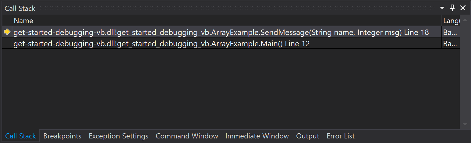 显示 Visual Studio“调用堆栈”窗口的屏幕截图，顶部行中突出显示了 SendMessage 方法调用。