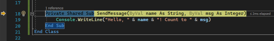 显示在单步执行“SendMessage”方法后 Visual Studio 代码编辑器中的调试会话的屏幕截图，其中，执行已暂停。