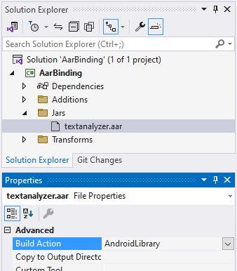 Setting the textanalyzer.aar build action to LibraryProjectZip