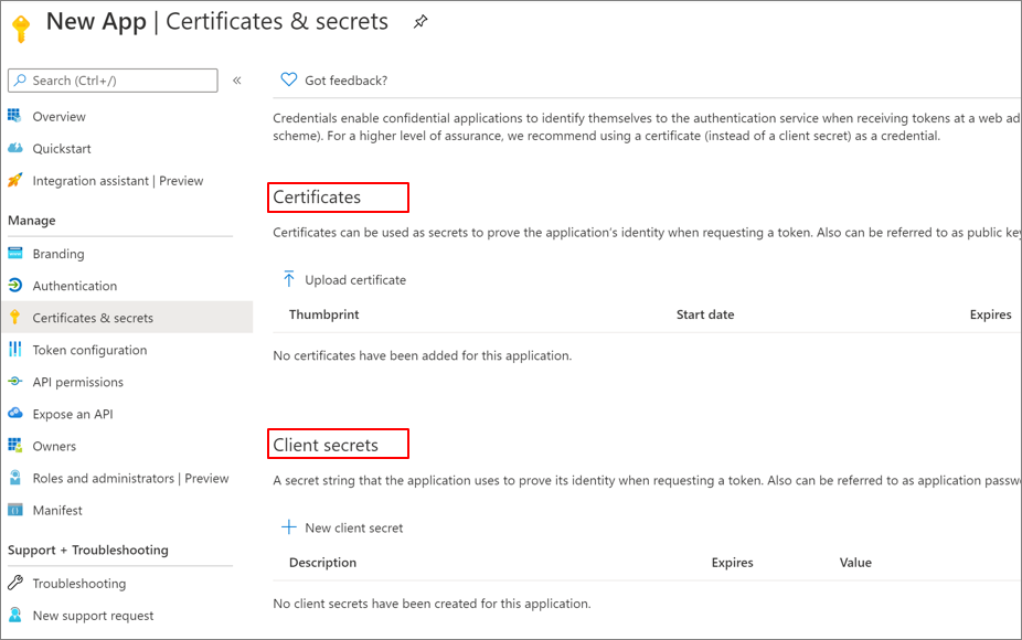 Screenshot of Certificates and Client secrets under New App, Certificates and secrets.