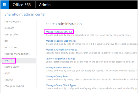 SharePoint 系統管理中心的搜尋管理頁面。