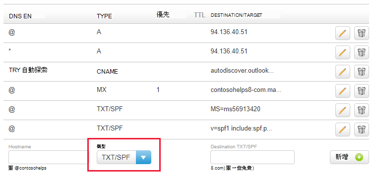 從下拉式清單中選取 TXT/SPF 類型，然後填入值。