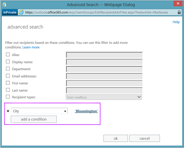 在 Microsoft 365 系統管理中心中執行進階搜尋的範例，以尋找所有位於布開維登市之使用者的信箱清單。
