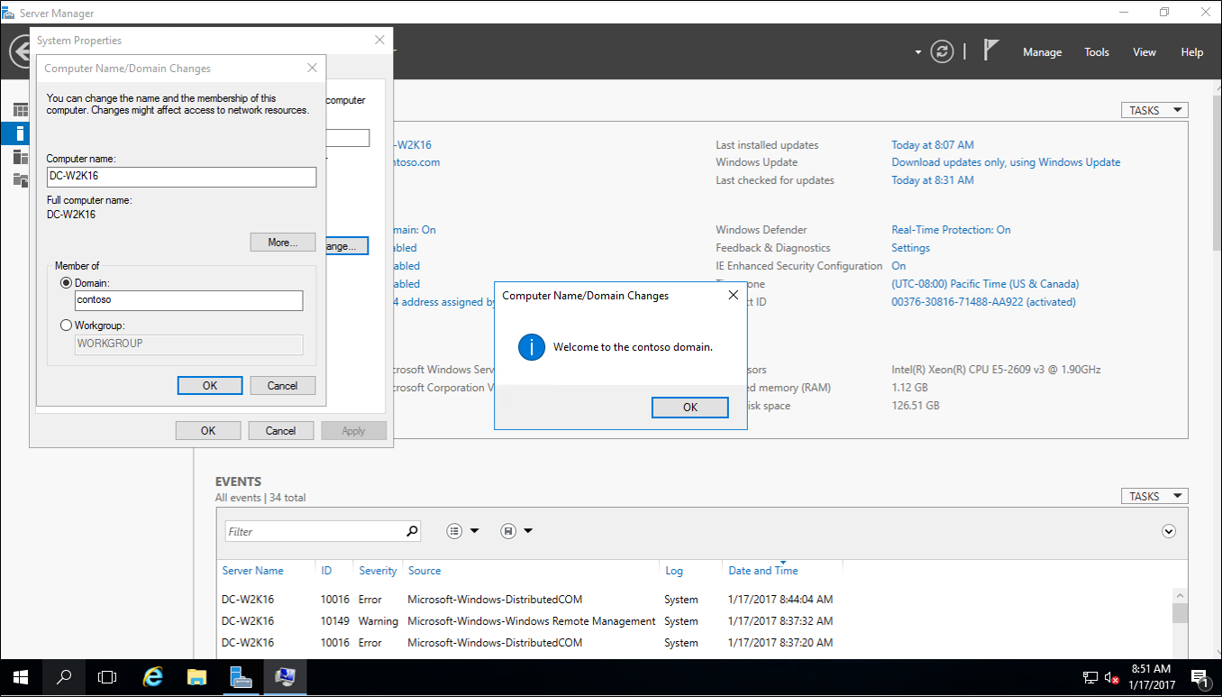 Screenshot of the Server Manager showing the Systems Properties and Computer Name/Domain Changes dialog boxes.