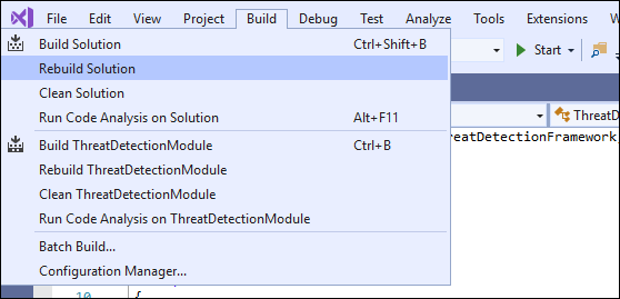 Screenshot that shows the Rebuild Solution menu option.