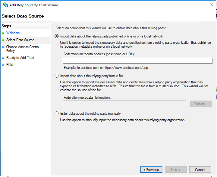 Screenshot of the Select Data Source page of the Add Relying Party Trust Wizard showing the Import data about the relying party published online or on a local network option selected.