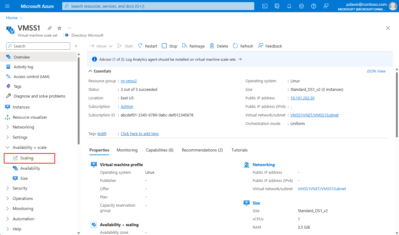 A screenshot showing a resource overview page with the scaling menu item.