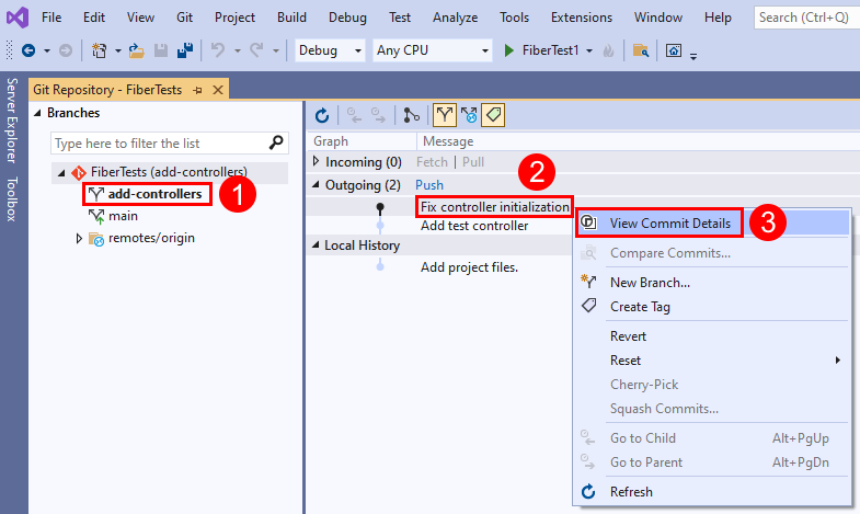 Visual Studio 中 [Git 存放庫] 視窗中認可之 [檢視認可詳細數據] 功能表選項的螢幕快照。