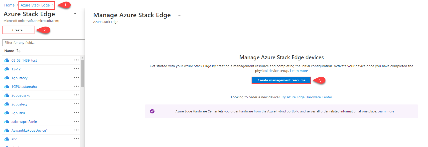 圖例顯示 3 個步驟,以開始在 Azure Stack Edge 中建立管理資源。