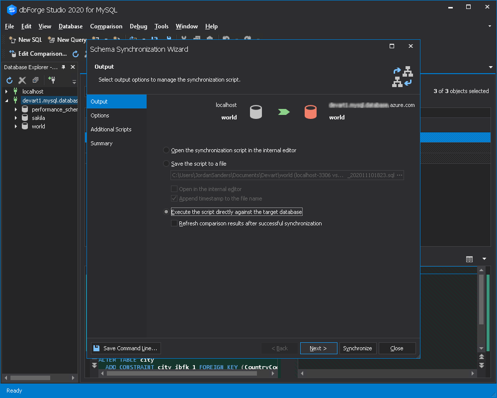 Screenshot showing the schema synchronization wizard.