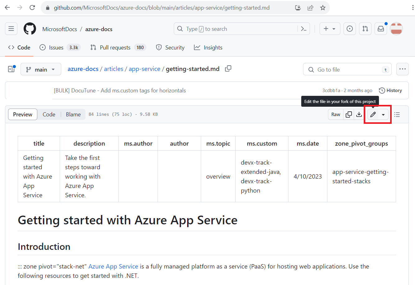 GitHub 內 Azure 文章的螢幕快照，其中顯示 **Edit** 鉛筆圖示。