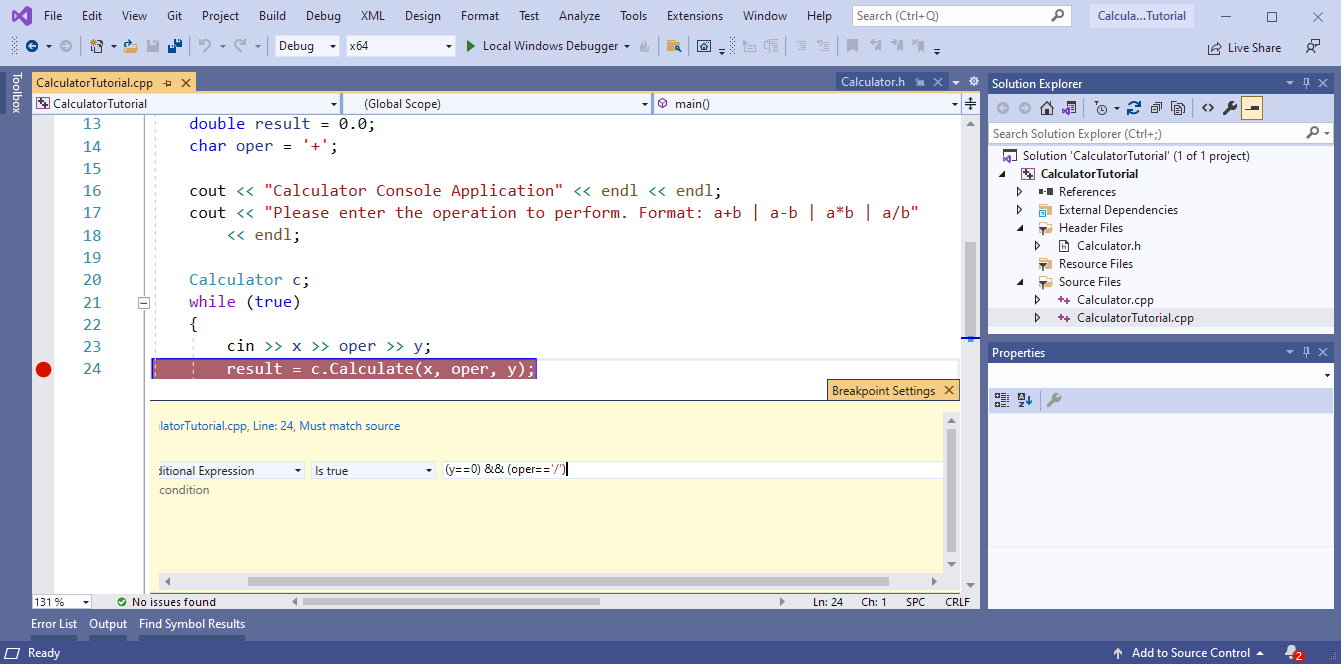 Visual Studio 的螢幕擷取畫面，其中顯示 [中斷點設定] 快顯視窗，以及 Is true 值的條件 y===0 && oper == '/'。