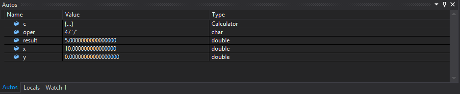 自動變數] 視窗的螢幕擷取畫面，其中顯示 c、oper、result、x 和 y 的值。