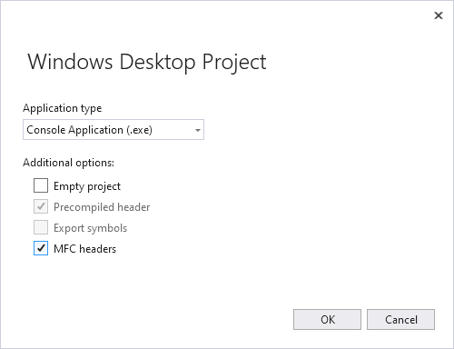 Screenshot of the Windows Desktop wizard in Visual Studios 2019.